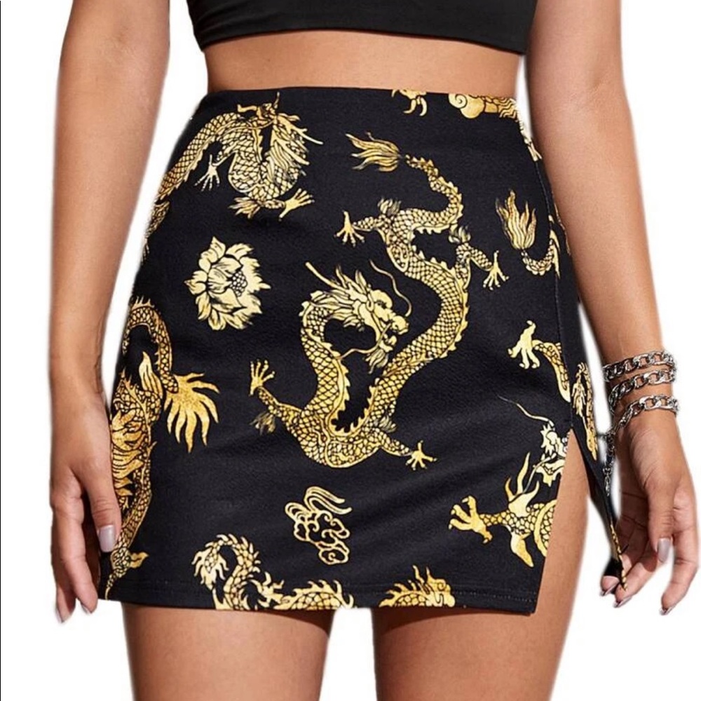 Dragon Print Black & Gold Mini Skirt